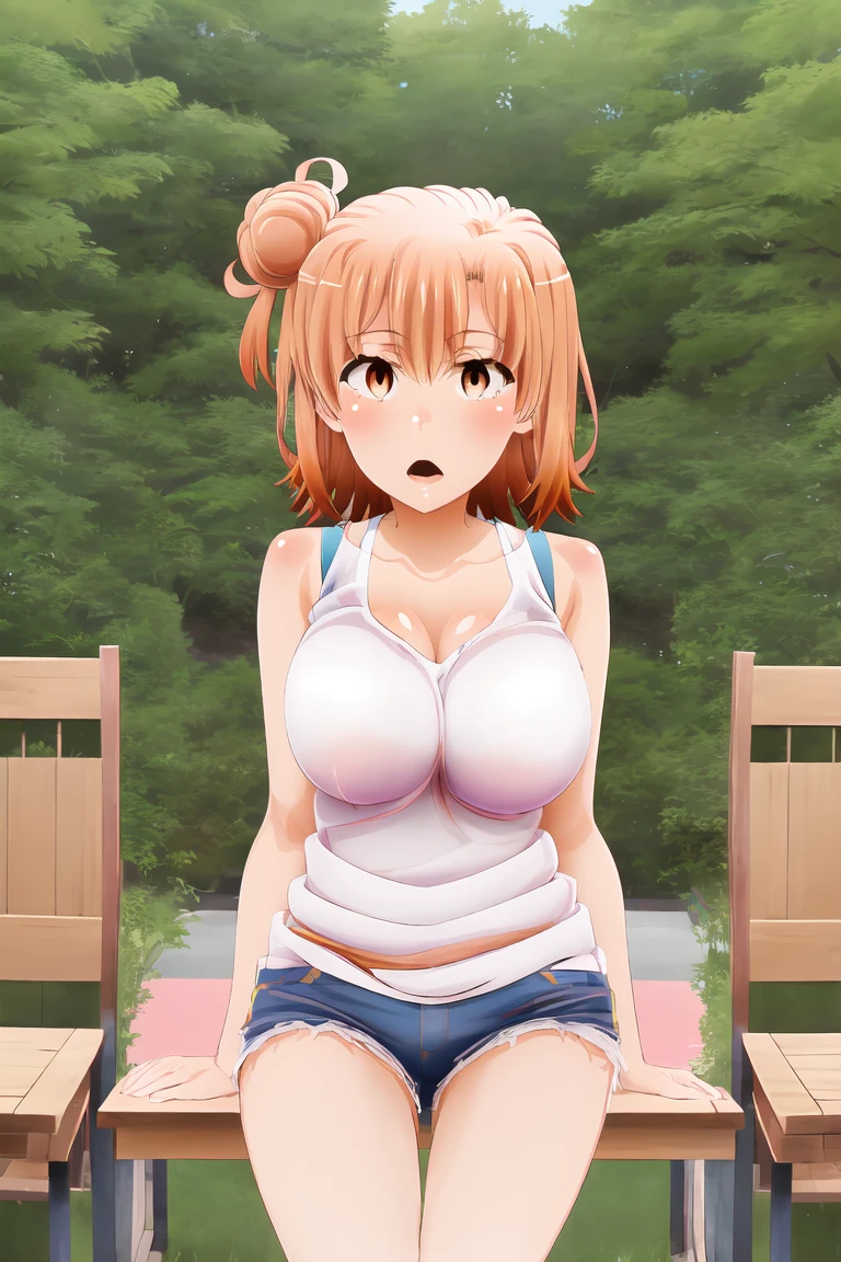 yuiyuigahama, yui yuigahama, short hair, (Brown eyes:1.5), (Orange Hair:1.2), Hair Bun, single Hair Bun, Confused face,?Mark Tank Top,Shorts,1 Girl, alone, Huge breasts, Open your mouth, Looking at the audience, Skin dents,White background,