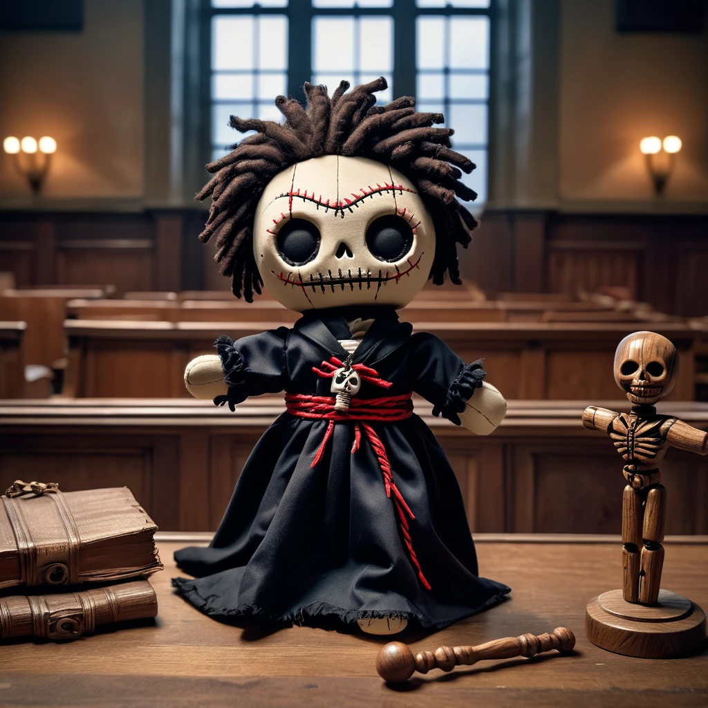 (knitted toy voodoo doll:1.7), (Voodoo Dark Judge:1.3), (clothes Black judge's robe, gavel, mask:1.0), (in the background Abandoned courtroom, broken benches, dusty windows:1.3), best quality, masterpiece, detailed soft oil painting, detailed background, dramatic cinematic lighting, soft edge lighting, professional, dramatic lighting, hard edge lighting, ultra quality, 4k,masterpiece, best quality, 8k, ultra highres, highres, extremely detailed