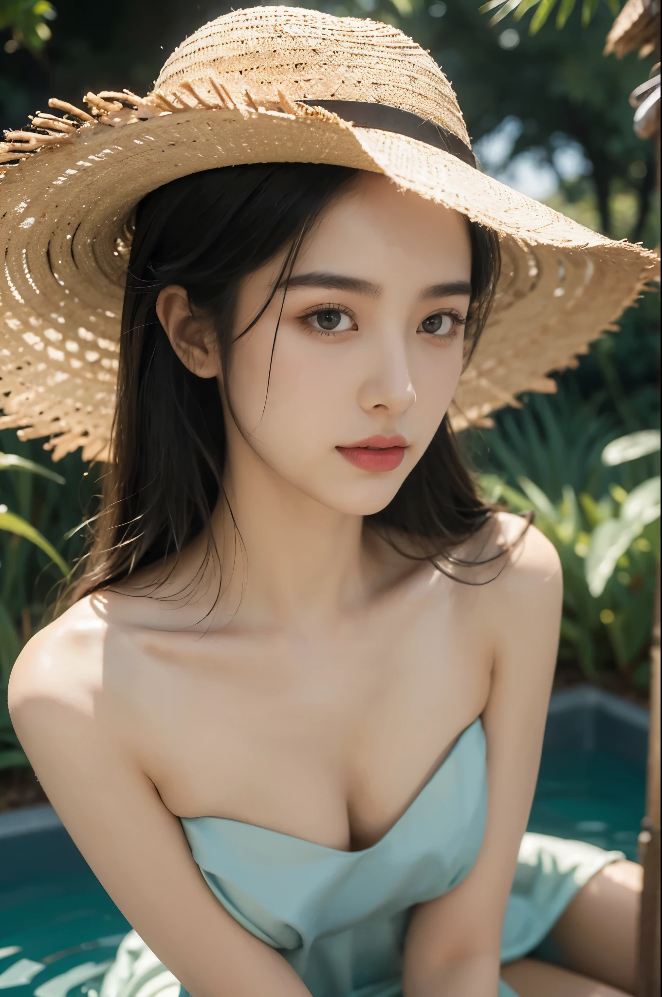 (((best quality))),(((ultra detailed))),(((masterpiece))),illustration,1 beautiful girl,slim,straw hat,shiny skin,black skin,sweat,wet,flat chest,strapless Embroidered red bra,collar,sitting in the Paddy pool filled with Rice seedlings,close-up of face,elegant, clear sky, sunlight, dreamy, contrast, natural,Chinese rural landscape,The body below the neck is in water