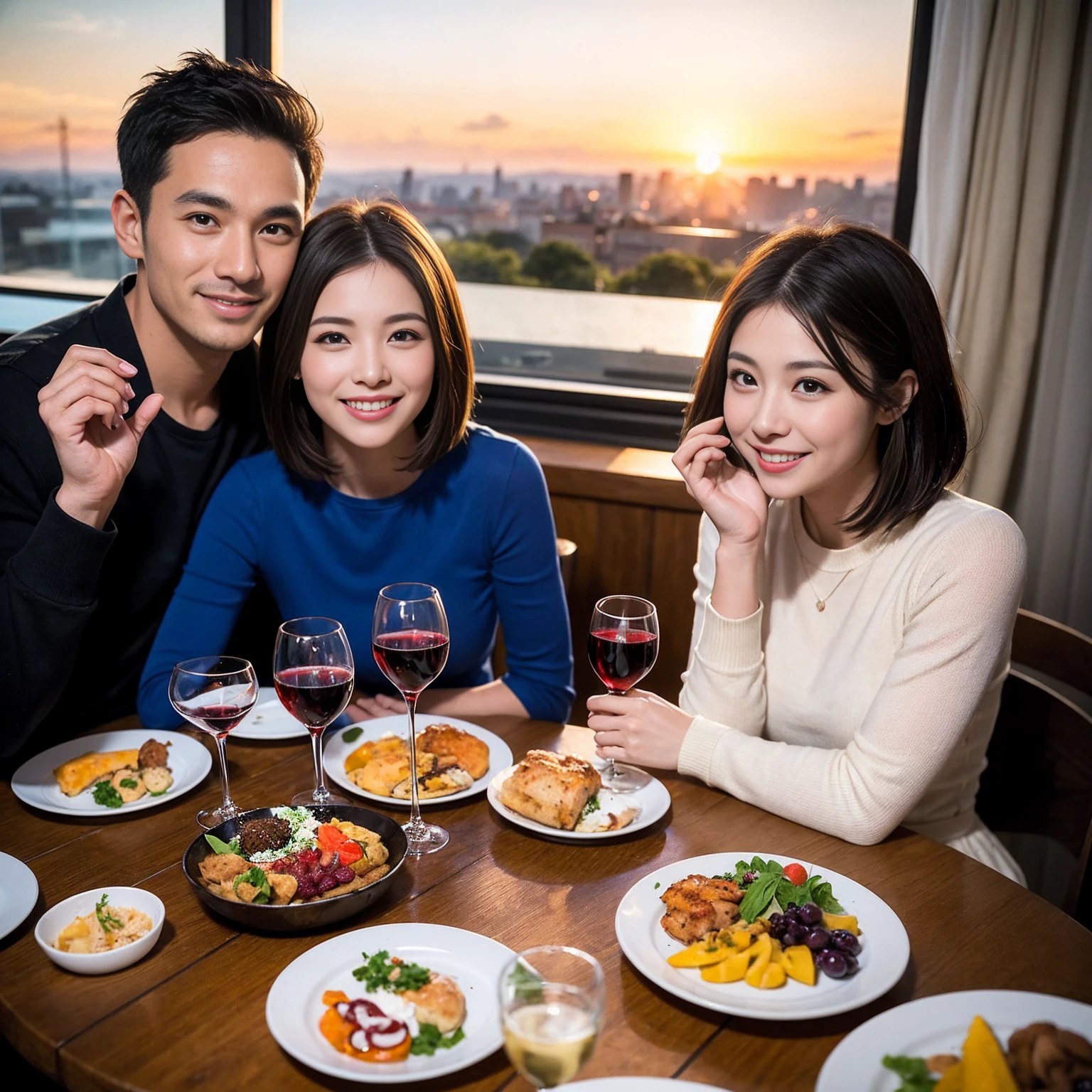 ((Highest quality、、masterpiece:1.3))、 (Genuineistic, Genuine、Bright image、Intricate details:1.2), 最高のsmile、1 male、1 female、Beautiful couple、love love love、fiancee、Good friends、actress couple、smile、Full-course dinner at a packed table、 (Slim face), (the body is slim), (Brown Hair), (short hair), テーブルのwine glass、Please shine a light on my face、 Amazing view of the sunset sky and clouds、29-year-old,Age 34、 red wine 、Appetizers、Wine bottle、sparkling wine、Long sleeve shirt、dress、White wine, red wine, wine glass,