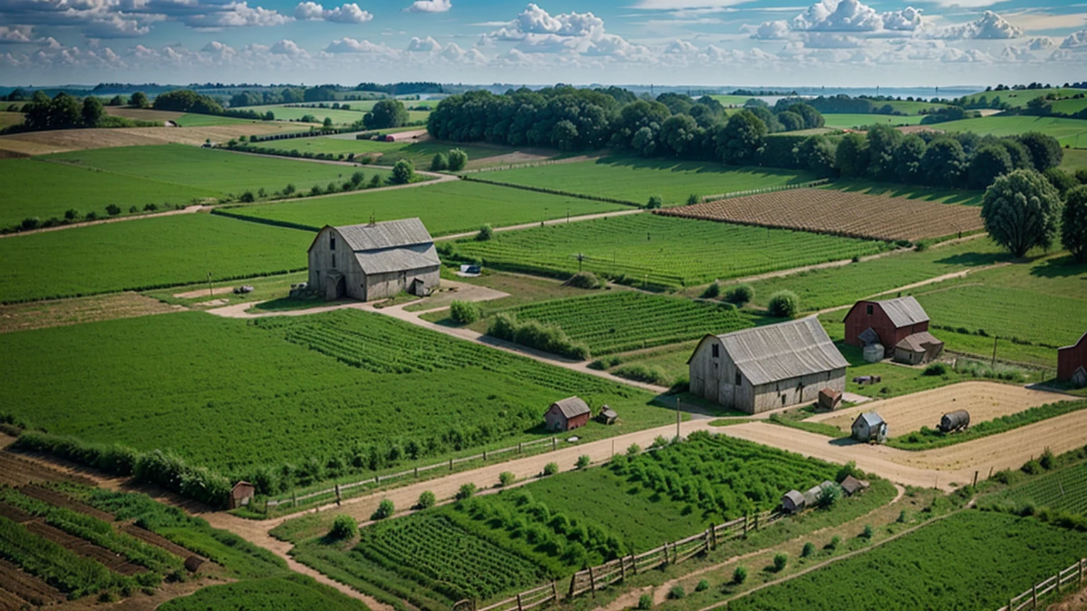 (rural farm background with barn, tractor, windmill, plantations, corral, chicken coop, countryside vegetation),
