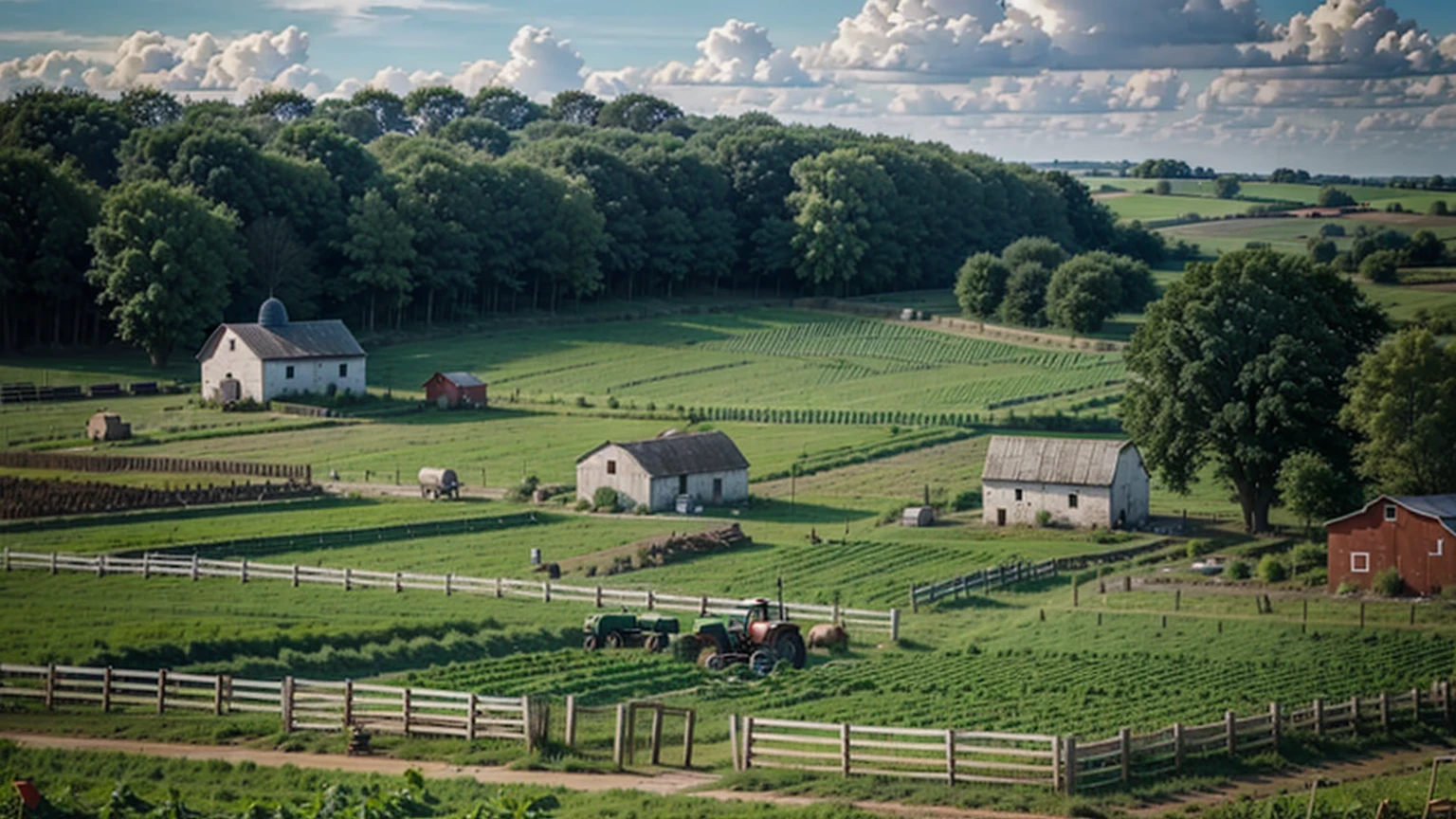 (rural farm background with barn, tractor, windmill, plantations, corral, chicken coop, countryside vegetation),