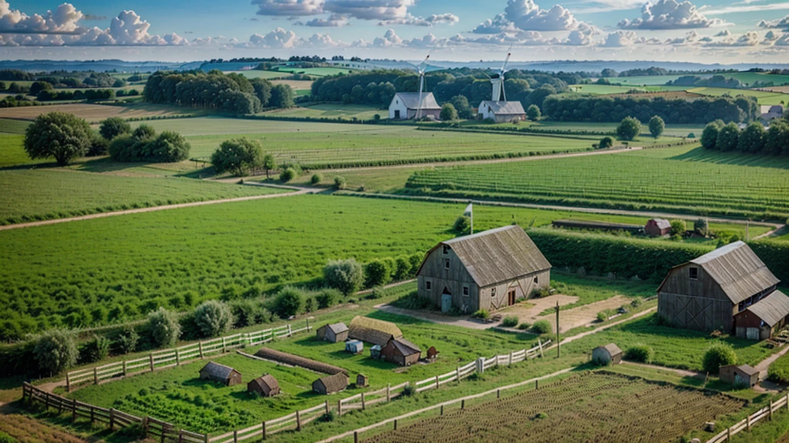 (rural farm background with barn, tractor, windmill, plantations, corral, chicken coop, countryside vegetation),