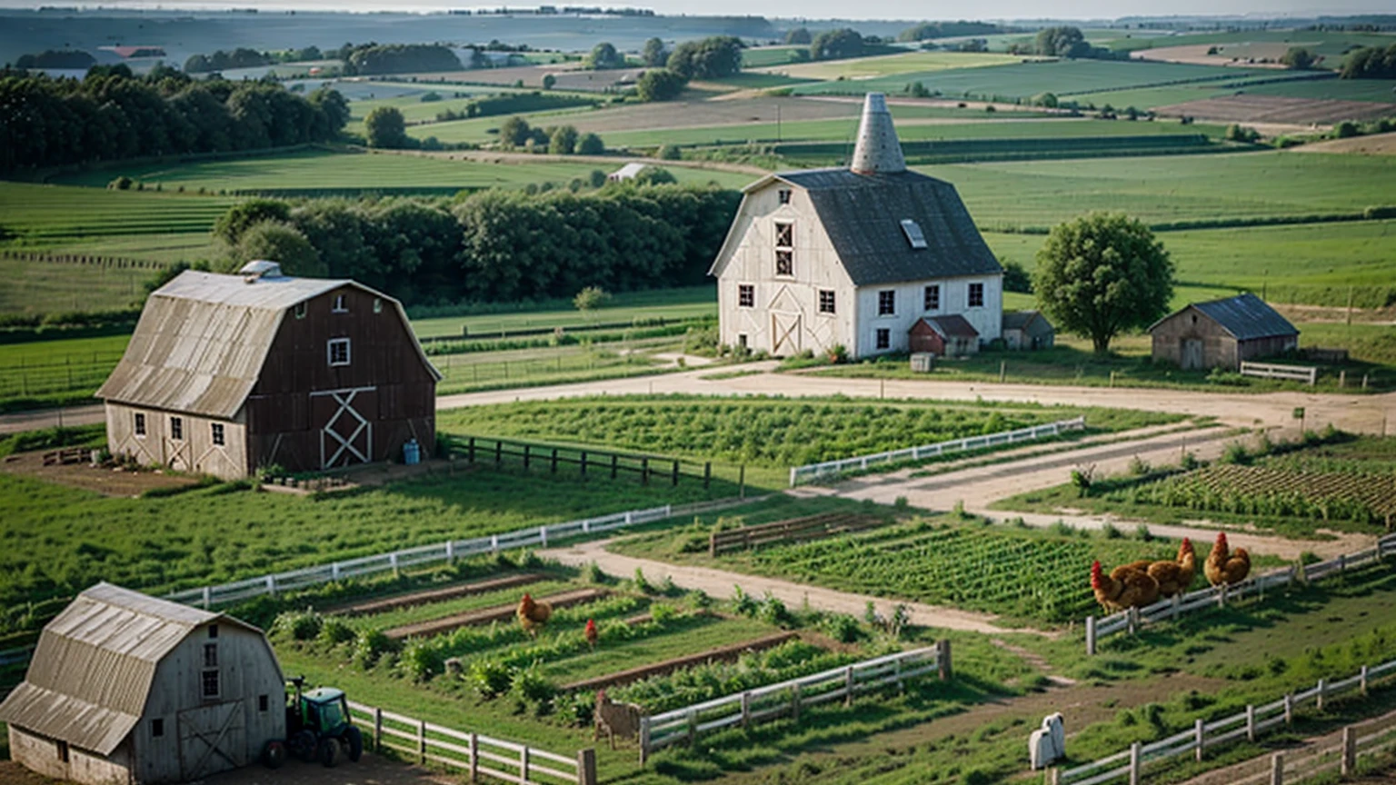 (rural farm background with barn, tractor, windmill, plantations, corral, chicken coop, countryside vegetation),