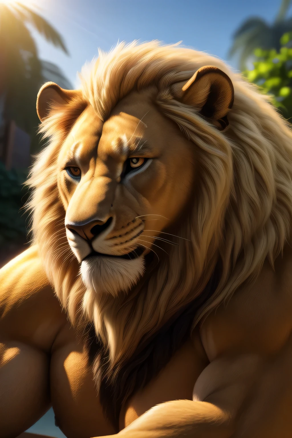 a male lion with a long flowing blonde mane, beautiful detailed eyes, massive and obese body, big belly, fat belly,muscular arm, muscular pectorals, in a garden, shirtless, portrait, big smile, paw in front of the face to hide the eyes from the sun, (best quality,8k,highres,masterpiece:1.2),ultra-detailed,(realistic,photorealistic,photo-realistic:1.37),HDR,UHD,studio lighting,ultra-fine painting,sharp focus,physically-based rendering,extreme detail description,professional,vivid colors,bokeh,cinematic,extremely detailed eyes and face, corect ???????