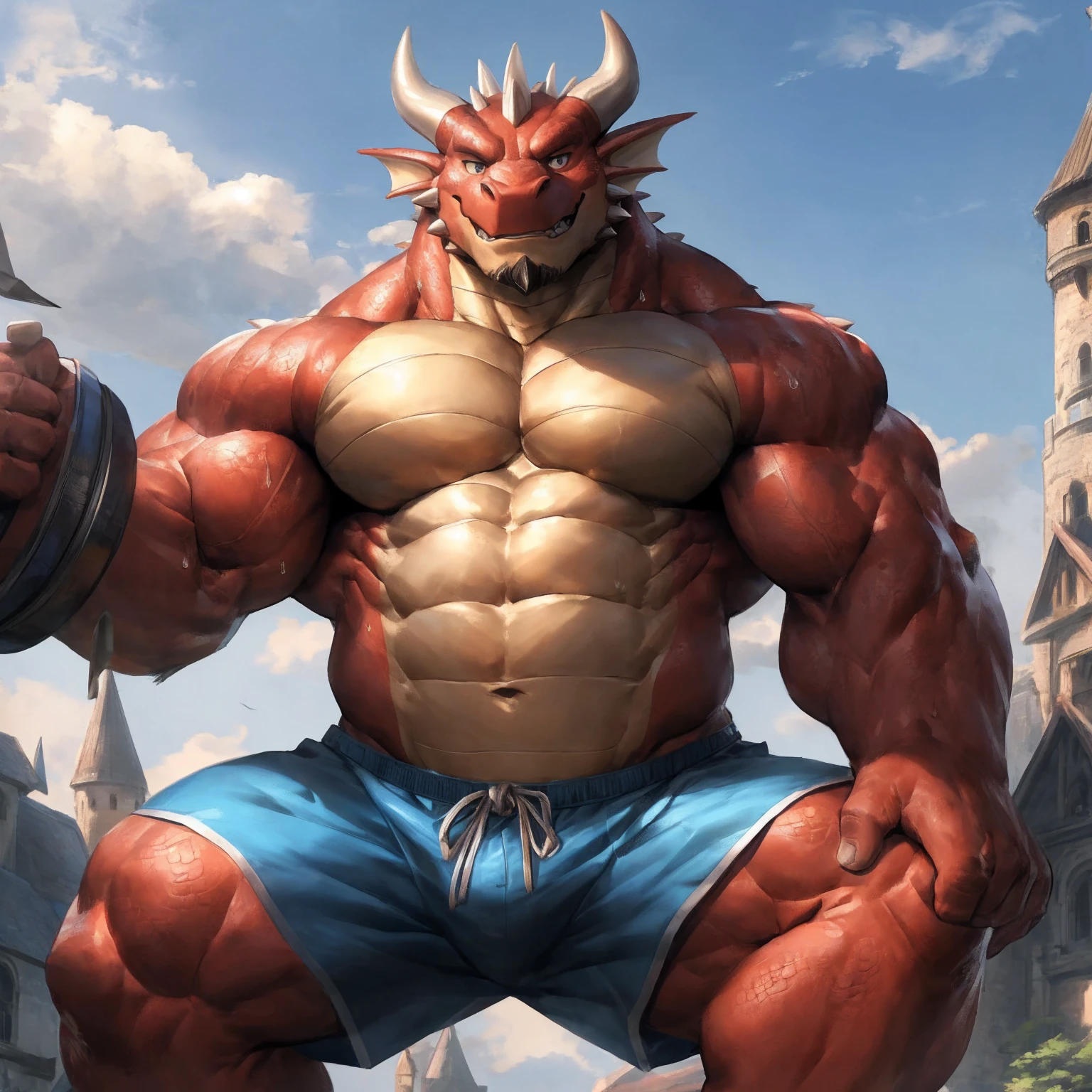 human nature, cannon, male, solitary, ((the strong，Handsome)), ((dragon) fur), Chibo，Six-pack abs，(Western castle background)，cloudy day，Blue shorts，Sweat:1.3,White Socks，high quality, (4K,high quality, high resolution, masterpiece), Front view (close up), cartoon,by lindong