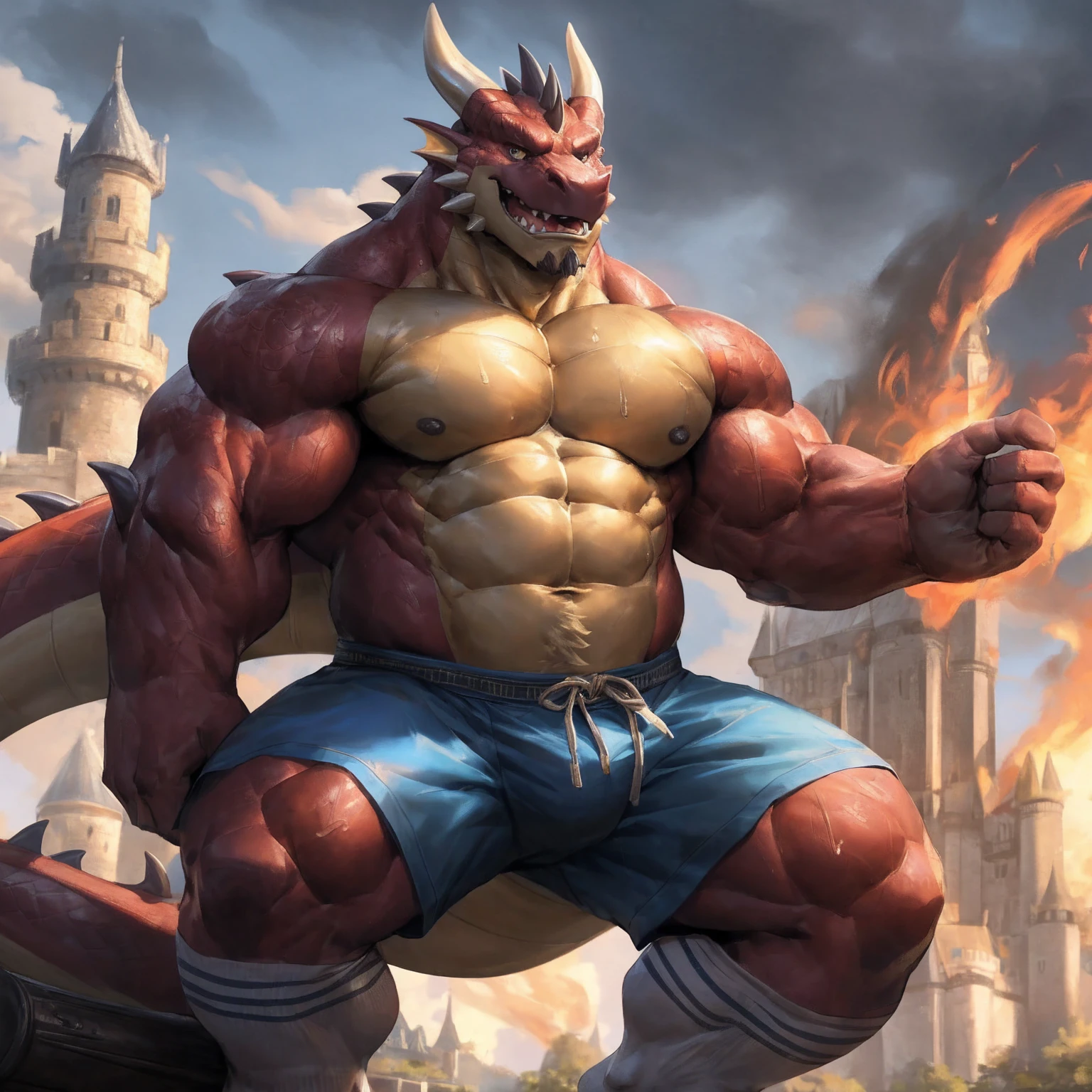 human nature, cannon, male, solitary, ((the strong，Handsome)), ((dragon) fur), Chibo，Six-pack abs，(Western castle background)，cloudy day，Blue shorts，Sweat:1.3,White Socks，high quality, (4K,high quality, high resolution, masterpiece), Front view (close up), cartoon,by lindong