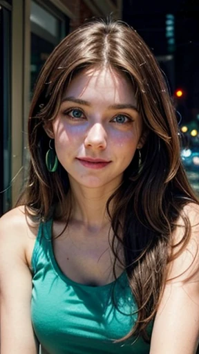 White woman, 35 years old, Brown hair, long hair, Nice hair, Nice face, simetric face, Green eyes, Nice body, cute, shy, green tank top, smile, earrings, misterious street, night