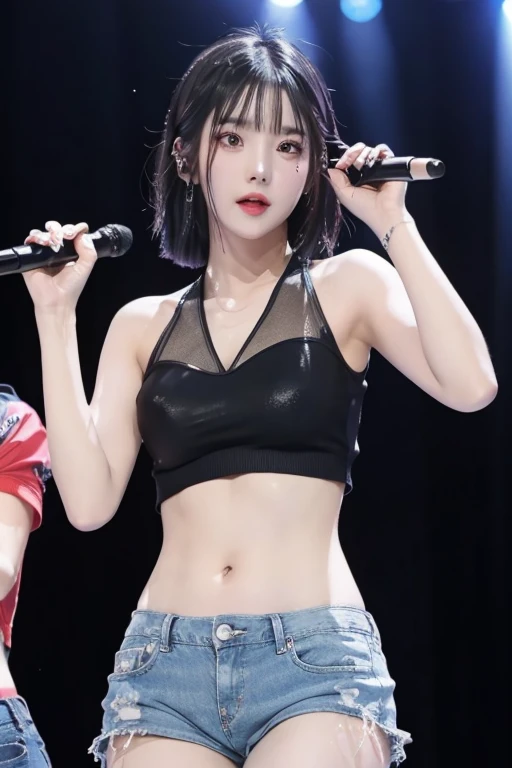 kwoneunbilora, black hair, black eyes, WATERBOMB, jean shorts, hot pants, beautiful body, Sky blue bikini with see-through top, dancing and singing on stage, wet, festival atmosphere