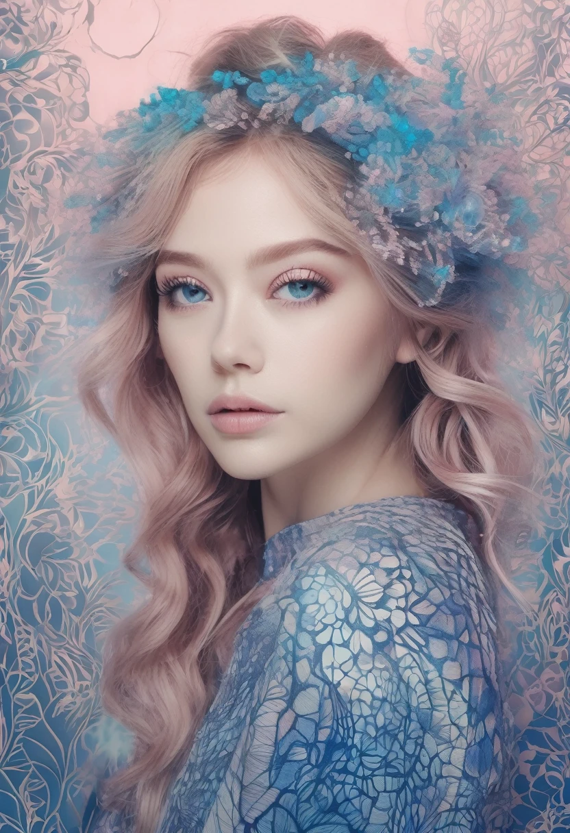extremely beautiful girl in a dreamy zentangle aura, gradient blue hues filtering into misty blush, in the style of leica m10, colorized, flickr, miniature dioramas, high quality photo, fujifilm pro 800z, fujifilm pro 400h -