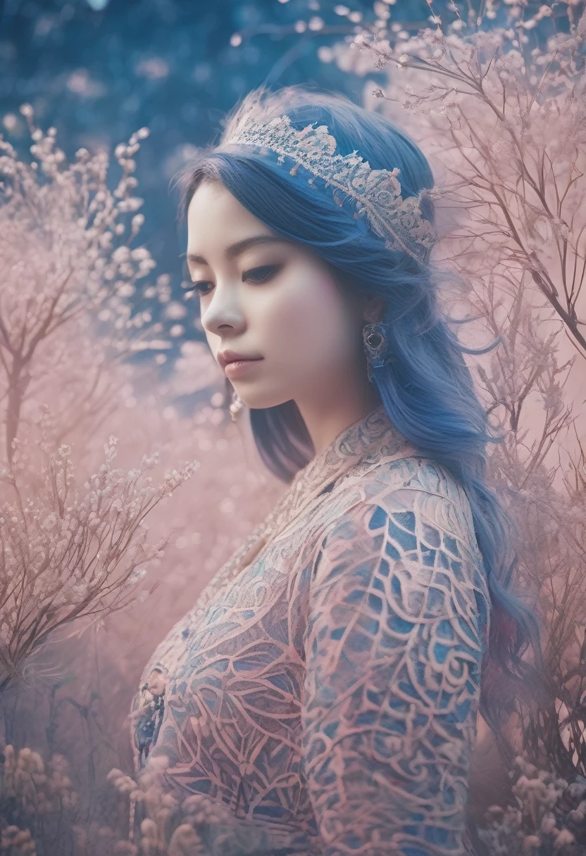 extremely beautiful girl in a dreamy zentangle aura, gradient blue hues filtering into misty blush, in the style of leica m10, colorized, flickr, miniature dioramas, high quality photo, fujifilm pro 800z, fujifilm pro 400h -