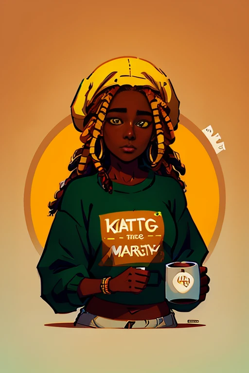 Dark-skinned pretty young woman wearing an oversized fuzzy fitted shirt, shy, ((holding a mug with the letters &quot;Katie&quot; written on it)), insanely detailed, 4K, 2d illustration, Bob Marley Knitted Red-Yellow-Green Beret, dreadlocks, clearly detailed eyes,  Glowing brown eyes