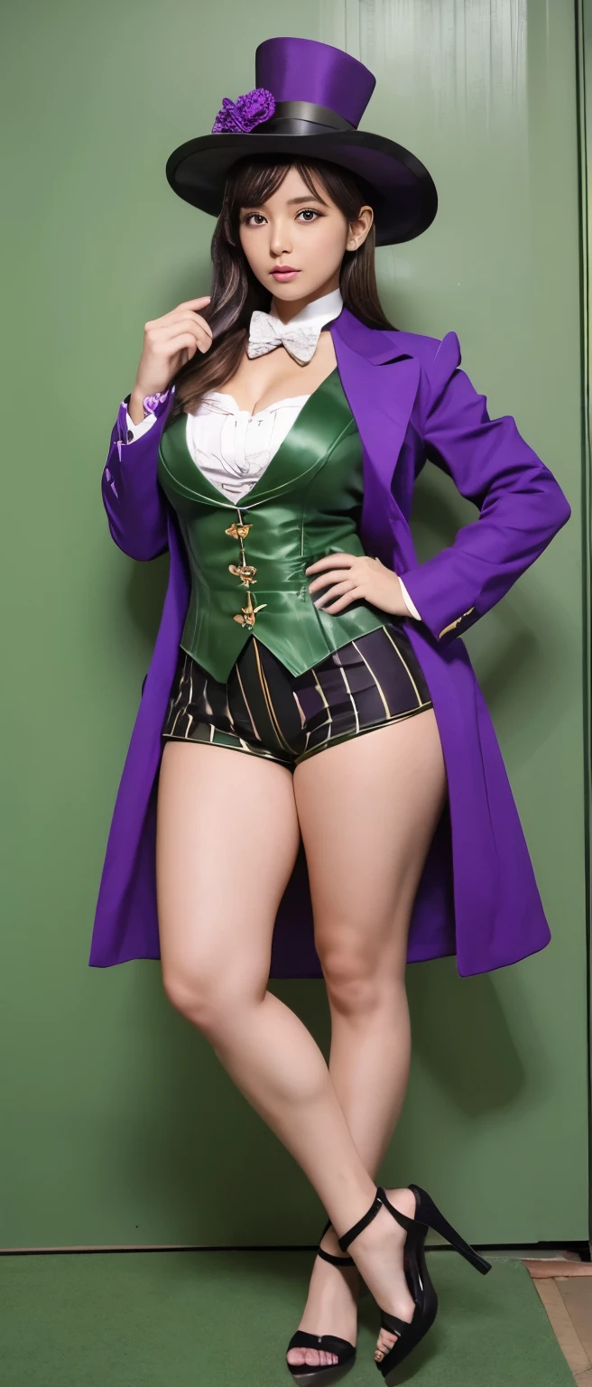 Tall and cute idol girl、whole body、Good style、、、、、、、、、、Tanned thick legs、、Green and purple steampunk suit(Skull pattern)、、Neat and clean idol face、Research Room