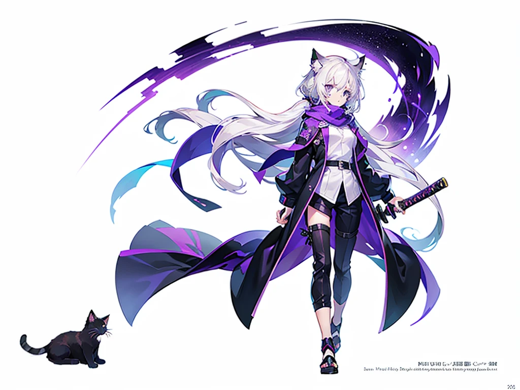 1 Girl，solo，(Loli image)，（（（white hair））），（The flattest），Delicate face and beautiful eyes，Fine hair，A particularly long strand of side hair)，(Cat ear hood)，One eye is covered by a hood，scarf，(White background 1：：5)，standing painting style，((Full Body Love))，（Delicate eyes），Leg strap，Purple and Black Cyberpunk Jacket，trousers，katana sword，lightning background