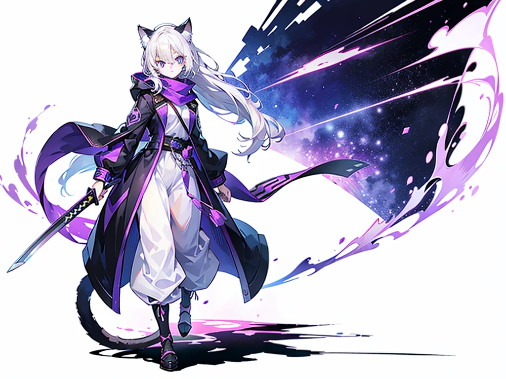 1 Girl,solo,( image),(((white hair))),(The flattest),Delicate face and beautiful eyes,Fine hair,A particularly long strand of side hair),(Cat ear hood),One eye is covered by a hood,scarf,(White background 1::5ing painting style,((Full Body Love)),(Delicate eyes),Leg strap,Purple and Black Cyberpunk Jacket,trousers,katana sword,lightning background
