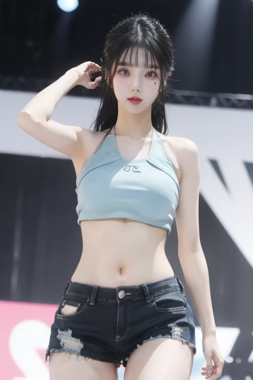 kwoneunbilora, black hair, black eyes, WATERBOMB, jean shorts, hot pants, beautiful body, Sky blue bikini with see-through top, dancing and singing on stage, wet, festival atmosphere