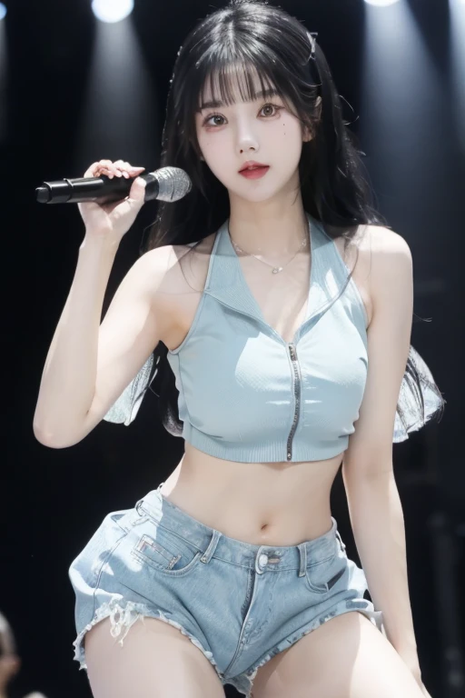 kwoneunbilora, black hair, black eyes, WATERBOMB, jean shorts, hot pants, beautiful body, Sky blue bikini with see-through top, dancing and singing on stage, wet, festival atmosphere