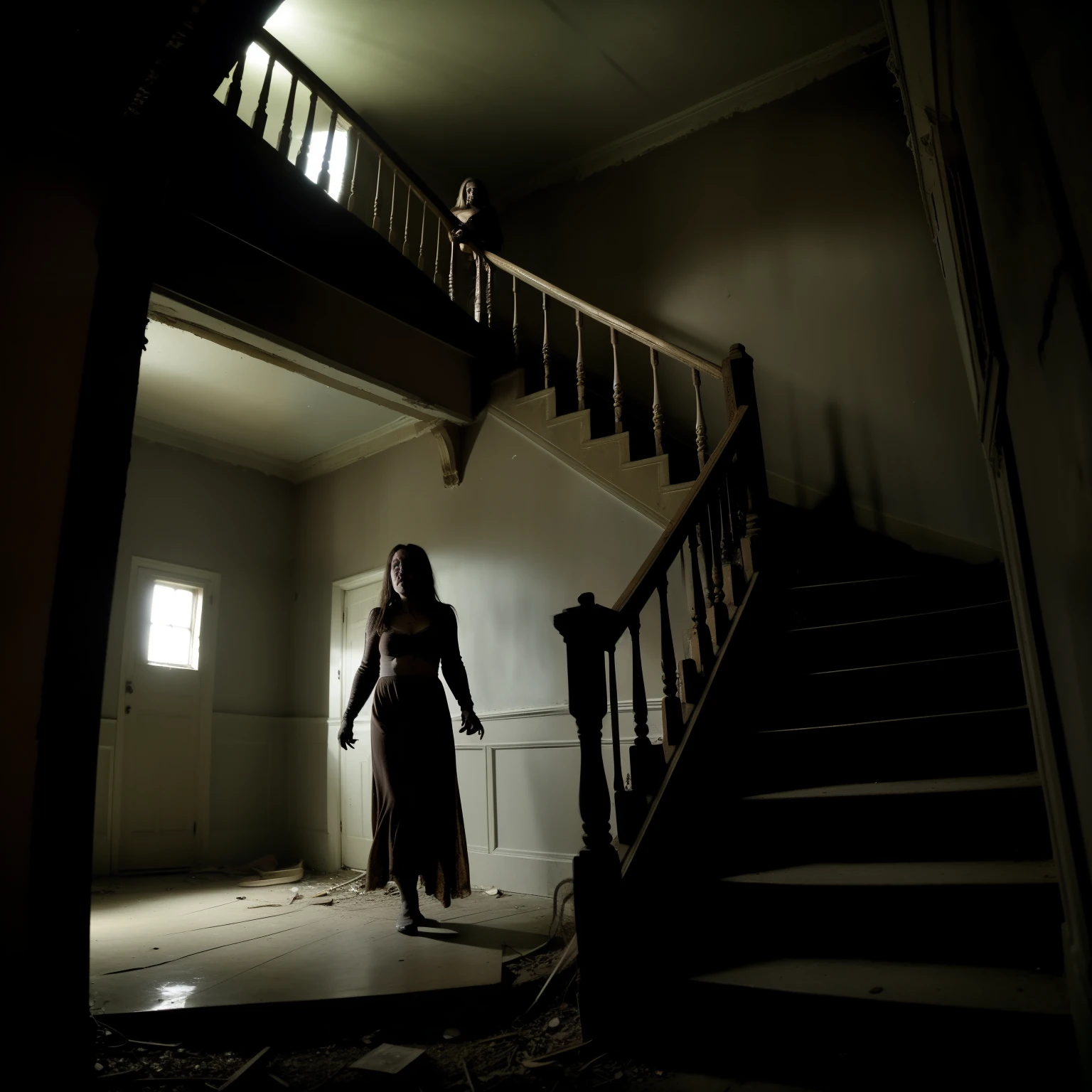 in an old abandoned mansion, the gloomy basement is lit only by a faint light that flickers on the damp, dusty walls. From the dense shadows, a grotesque figure slowly emerges: decomposing skin revealing nearly exposed bones, matted hair and a putrefactive odor hanging in the air. Enquanto isso, a brave woman descends the creaking stairs towards the unknown. Your heart beats hard, driven by a mix of fear and determination. The light of the flashlight she holds flickers, gradually revealing the horrible presence that awaits her at the bottom of the damp basement. The creature, with his empty eyes fixed on her, advances awkwardly. The air seems to weigh down on her as the woman approaches, ready to confront the horror that now manifests before her in the dark depths of the abandoned mansion.