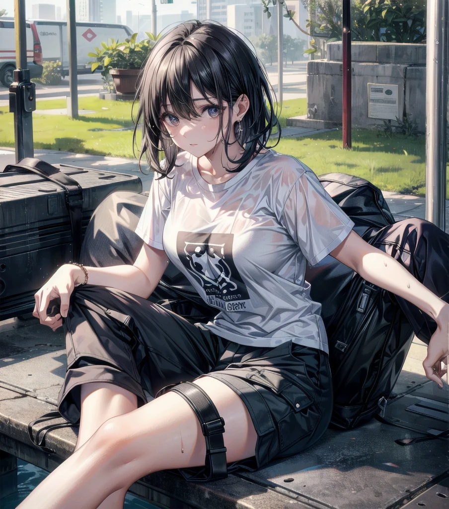 whole body, photorealistic, delicate facial features, medium tits, medium hair, black hair, tearful mole, earring, t-shirt, cargo pants, shorts, wet,