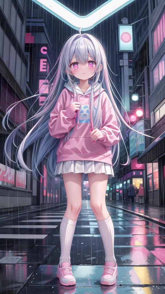 White knee socks，Blue long hair（1.5），Pink and white sweatshirt，Pink Eyes，cry，Blue headphones,Street Scene，Rain scene，Gloomy scene，night，City，Tears（1.6）