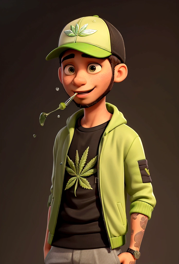 Young man, GREEN ADIDAS JACKET, SHORT BLACK BEARD, BLACK SNAPBACK CAP, GIVING DROPS FROM A DROPER INTO YOUR MOUTH, BACKGROUND WITH CANNABIS SATIVA PLANTS