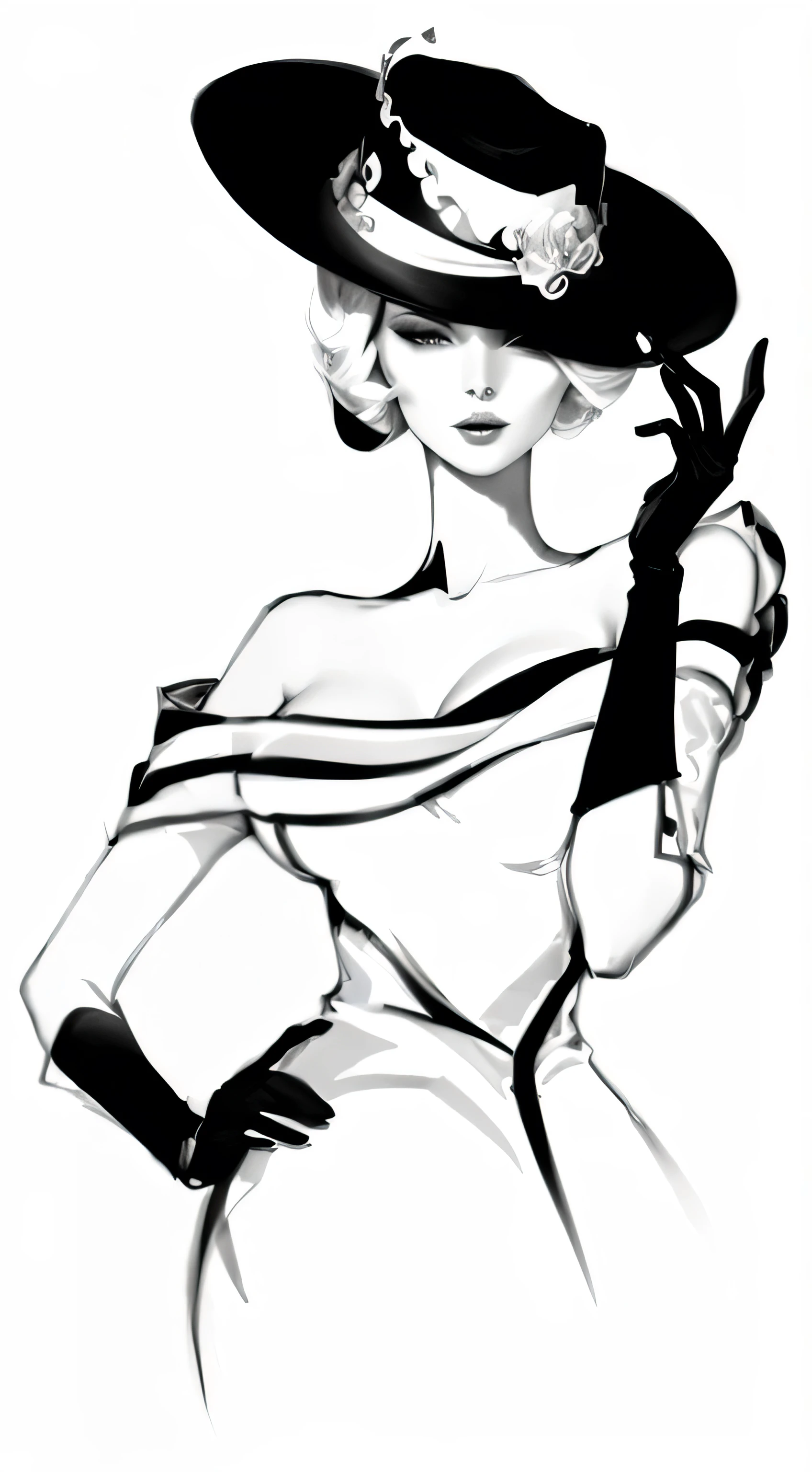 drawing of a woman in a hat and gloves, Elegant lady, digital art of elegance, elegant woman, sketch black and white colors, Black & White Vector Graphics, luxury fashion illustration, Elegant girl, glamor pose, elegant pattern, Drawn in noir style, fashion illustration, fashionable woman, Black and white sketch, in digital illustration style, drawn in photoshop