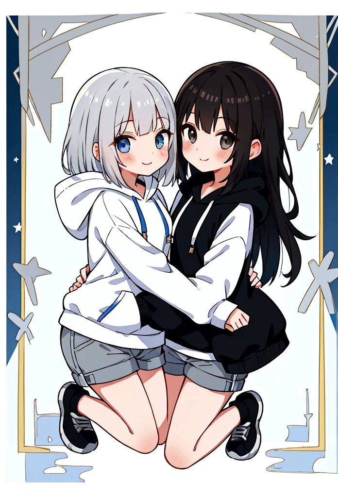 Girl,Silver Bob,blue eyes,birthday,whole body,White hoodie,Grey shorts,smile,older sister,Long black hair brown eyes,uniform,2 people