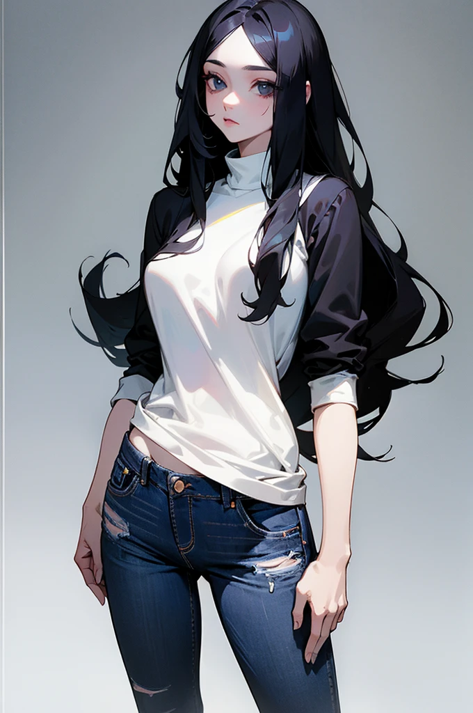 masterpiece,1 woman,black long hair,black eye, White skin,Black sweater,jeans,standing,low exposure,Glamor body type,cute,