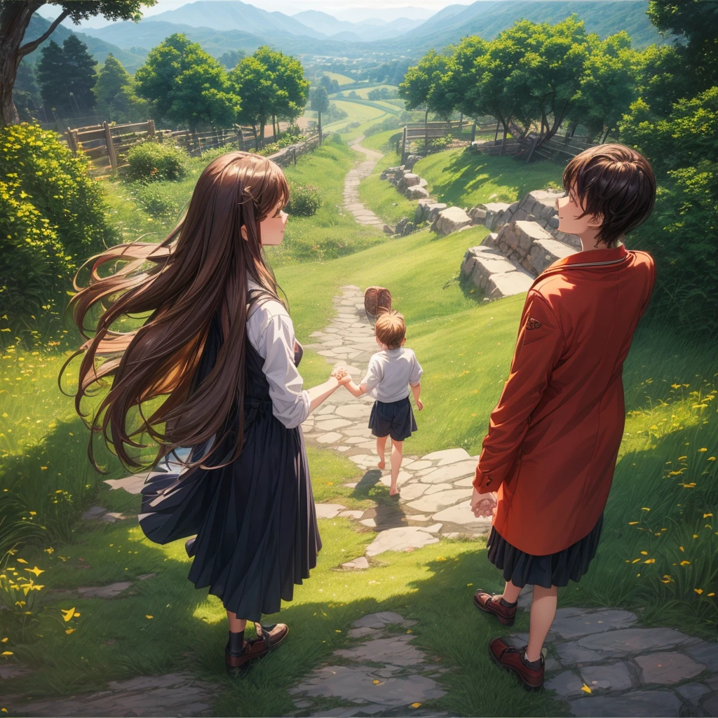 1girl、(((Parent and 、Highest quality、Masterpiece、Official Art、The best dynamic composition)))、(detailed)、Anime Style、A tranquil view of the countryside、Departure、Holding hands with a little boy、