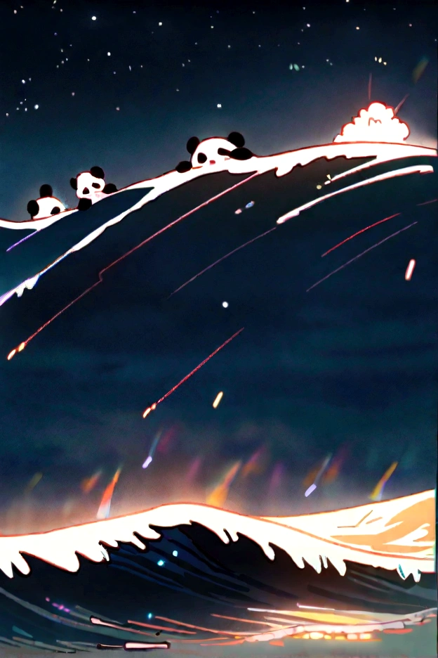 masterpiece, Highest quality, Movie stills, 1 Panda, Panda cloud, Surfing in the sea, close, Bright, Cheerfulness, Soft lighting and warmth, night, Starry Sky, (Spark of Light: 0,7)