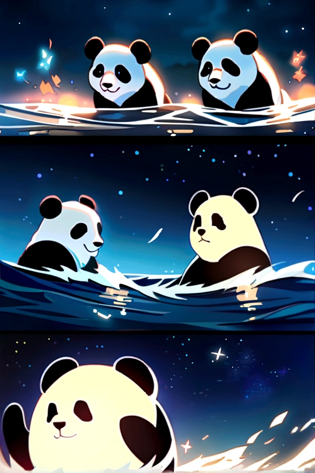 masterpiece, Highest quality, Movie stills, 1 Panda, Panda cloud, Surfing in the sea, close, Bright, Cheerfulness, Soft lighting and warmth, night, Starry Sky, (Spark of Light: 0,7)
