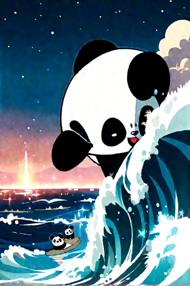 masterpiece, Highest quality, Movie stills, 1 Panda, Panda cloud, Surfing in the sea, close, Bright, Cheerfulness, Soft lighting and warmth, night, Starry Sky, (Spark of Light: 0,7)