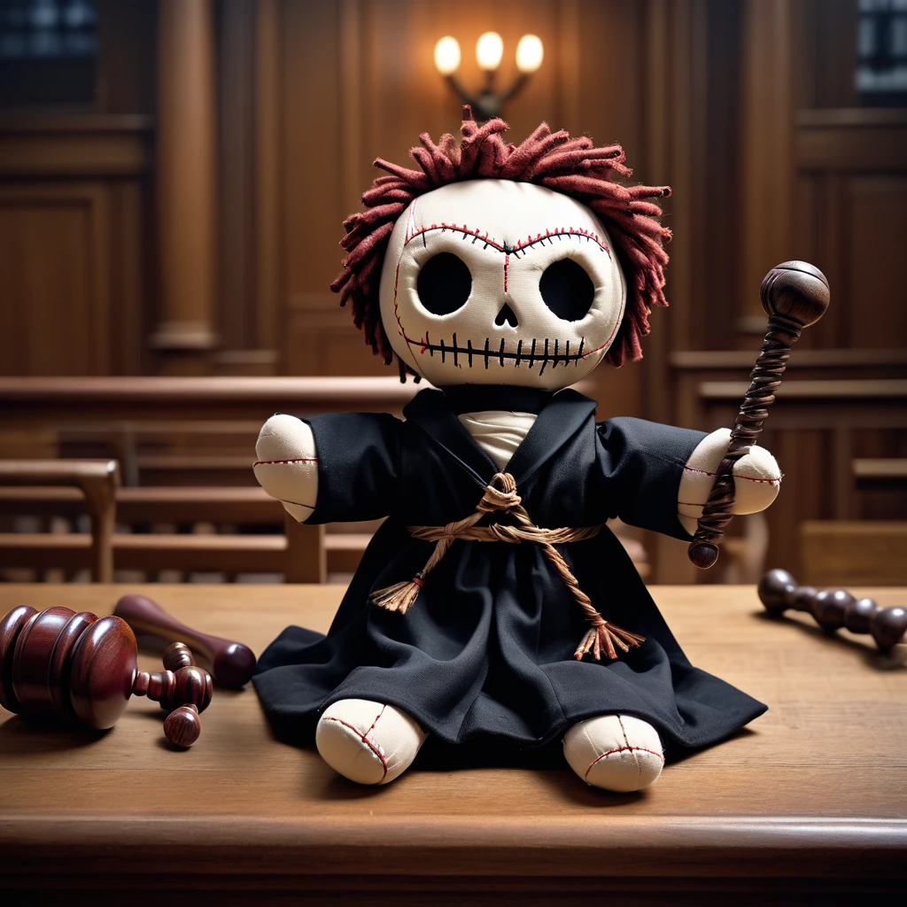 (knitted toy voodoo doll:1.7), (Voodoo Dark Judge:1.3), (clothes Black judge's robe, gavel, mask:1.0), (in the background Abandoned courtroom, broken benches, dusty windows:1.3), best quality, masterpiece, detailed soft oil painting, detailed background, dramatic cinematic lighting, soft edge lighting, professional, dramatic lighting, hard edge lighting, ultra quality, 4k,masterpiece, best quality, 8k, ultra highres, highres, extremely detailed
