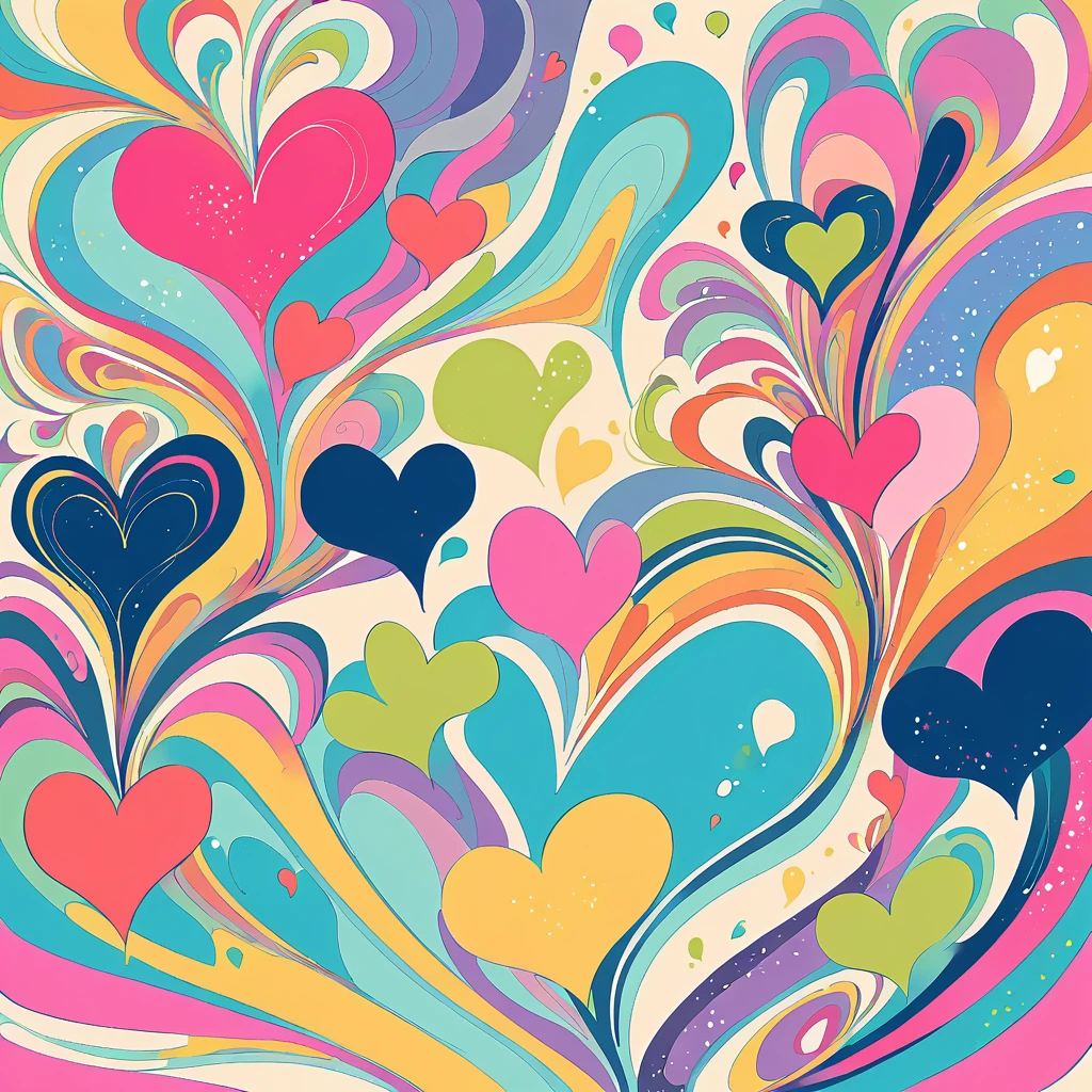 Mai Yoneyama style, Simple Line Initialism,Abstract art,Urban Background, colorful hearts ,No people