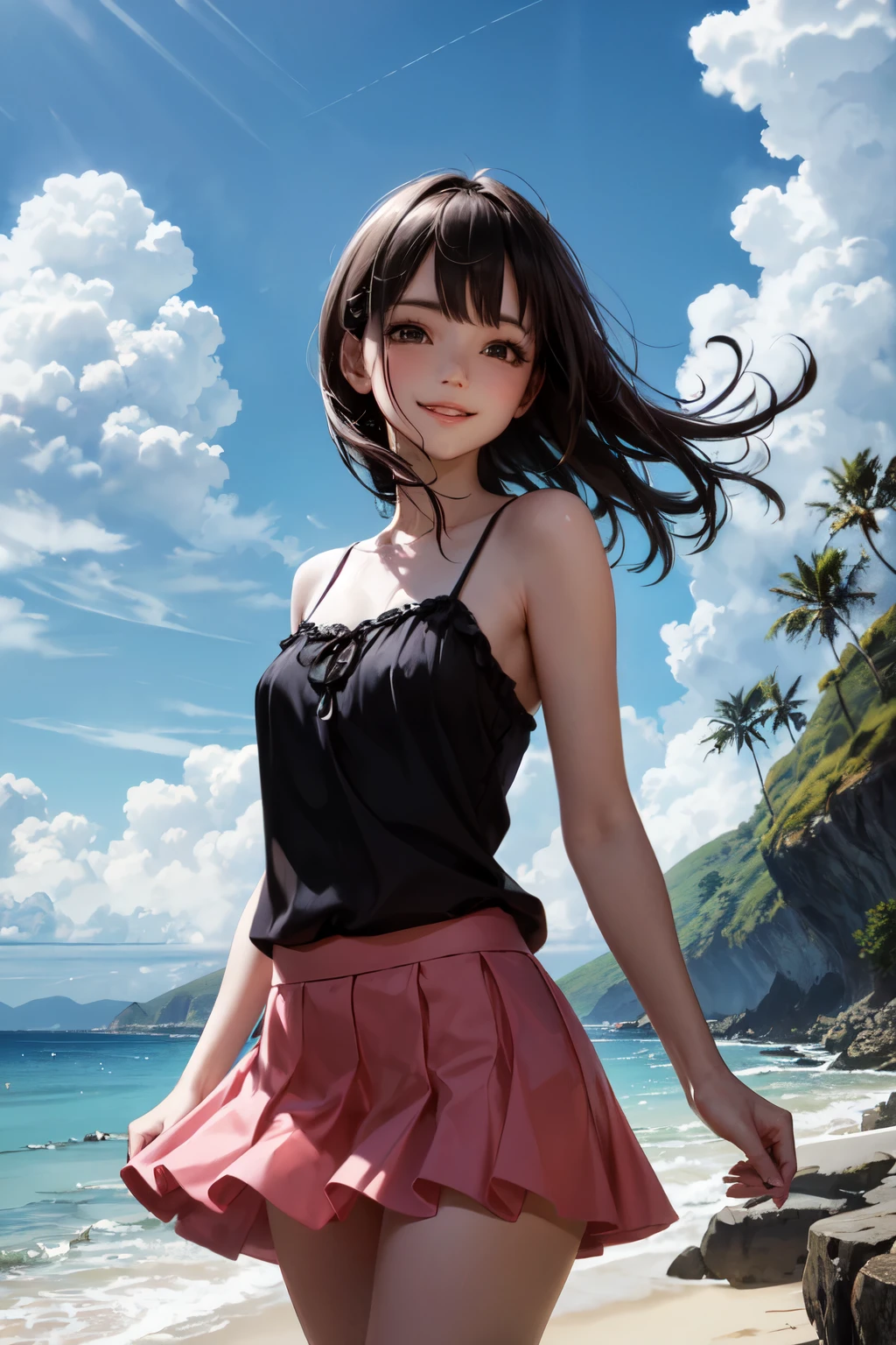 very cute and beautiful girl,(highly detailed beautiful face),camisole,cute ruffle petticoat,
(smile),happy,looking at viewer,black hair,cowboy shot,detailed legs,beach,tropical resort,
(best quality,masterpiece),absurdres,highres,ultra-detailed,extremely detailed,32k,8k resolution,
intricate details,cinematic scene,detailed background,solo,dynamic angle,
natural lighting,hair fluttering in the wind,beautiful detailed sky,