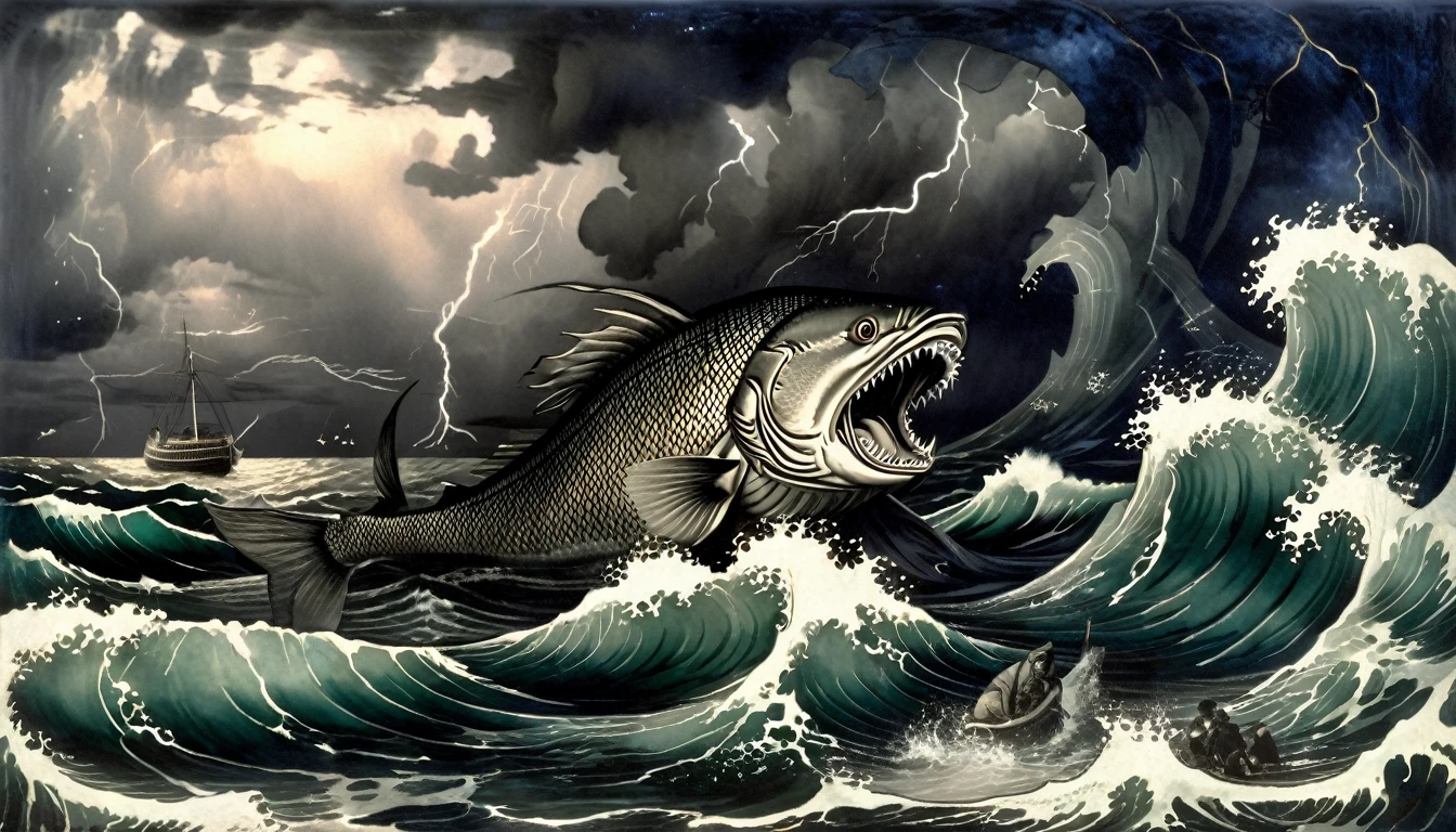 Setting: The vast, stormy ocean under a darkened sky, with towering waves and turbulent waters.
Subject: A giant, ominous fish emerging from the depths with its mouth open, ready to swallow Jonah. Jonah, depicted as a small figure, is seen clinging to a piece of debris, looking up in terror. The fish should have subtle, Dagon-like features, hinting at the half-fish, half-human deity.
Atmosphere: Dramatic and intense, with dark clouds and lightning creating a sense of chaos and impending doom, emphasizing the severity of Jonah’s situation.