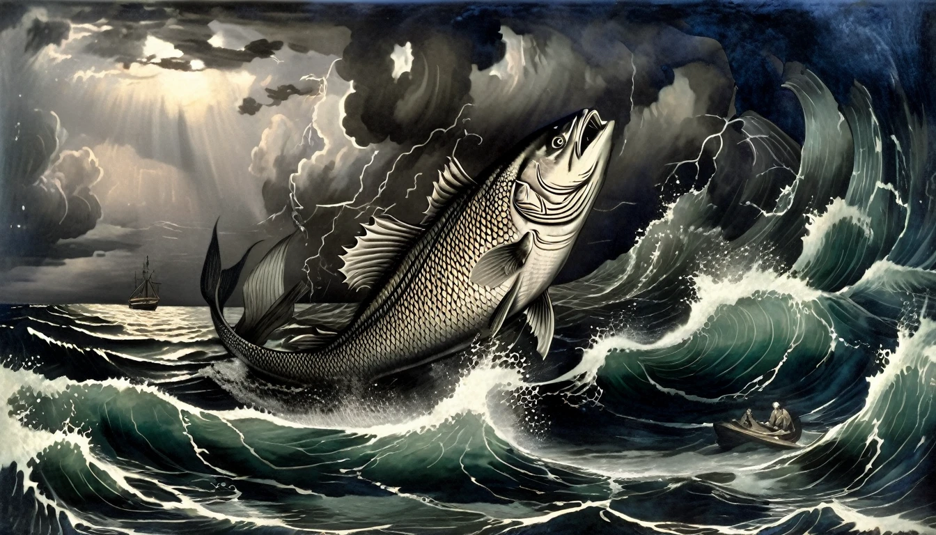 Setting: The vast, stormy ocean under a darkened sky, with towering waves and turbulent waters.
Subject: A giant, ominous fish emerging from the depths with its mouth open, ready to swallow Jonah. Jonah, depicted as a small figure, is seen clinging to a piece of debris, looking up in terror. The fish should have subtle, Dagon-like features, hinting at the half-fish, half-human deity.
Atmosphere: Dramatic and intense, with dark clouds and lightning creating a sense of chaos and impending doom, emphasizing the severity of Jonah’s situation.