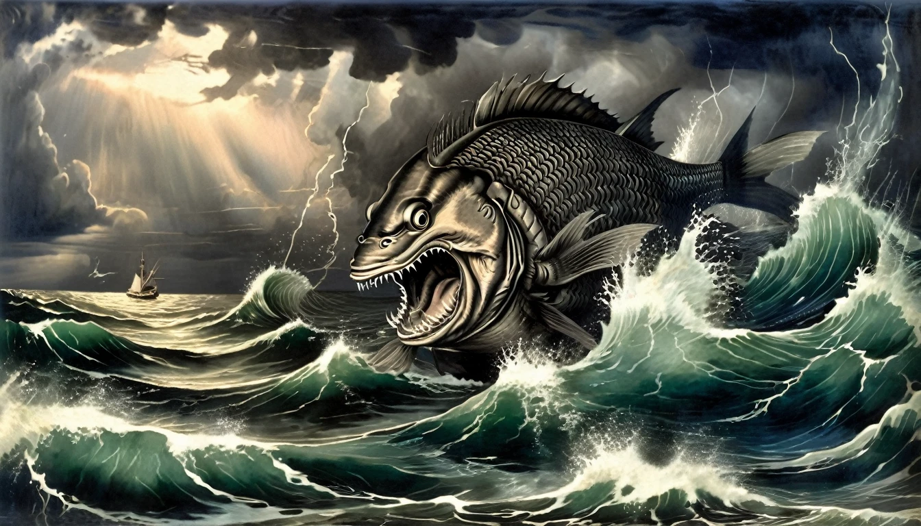 Setting: The vast, stormy ocean under a darkened sky, with towering waves and turbulent waters.
Subject: A giant, ominous fish emerging from the depths with its mouth open, ready to swallow Jonah. Jonah, depicted as a small figure, is seen clinging to a piece of debris, looking up in terror. The fish should have subtle, Dagon-like features, hinting at the half-fish, half-human deity.
Atmosphere: Dramatic and intense, with dark clouds and lightning creating a sense of chaos and impending doom, emphasizing the severity of Jonah’s situation.