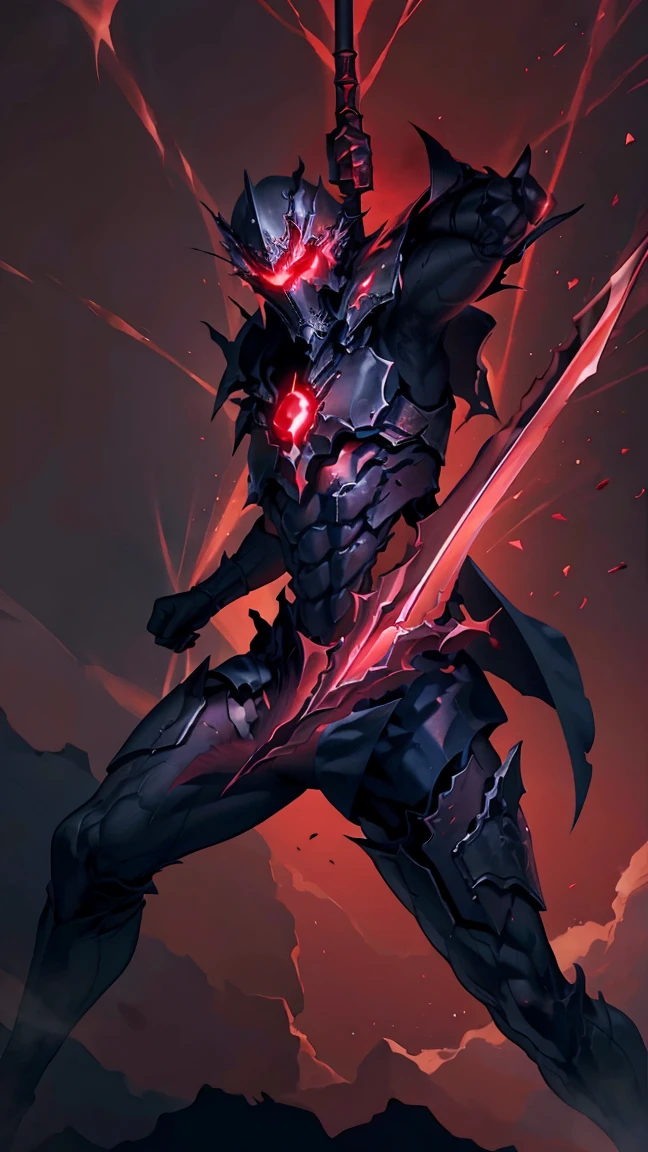 Iron blood sword, Red blood effect, red particles, ,HD lighting and dark )<=(epic image quality)dark atmosphere with bright particle light(many effects in background)