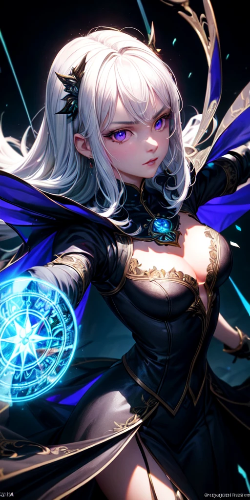 (masterpiece, best quality, ultra-detailed, best shadow), (detailed background,dark fantasy), (beautiful detailed face), high contrast, (best illumination, an extremely delicate and beautiful), ((cinematic light)), colorful, hyper detail, dramatic light, intricate details, (1girl, solo,white hair, sharp face,purple eyes, hair between eyes,dynamic angle), blood splatter, swirling black light around the character, depth of field,black light particles,(broken glass),magic circle,голая грудь