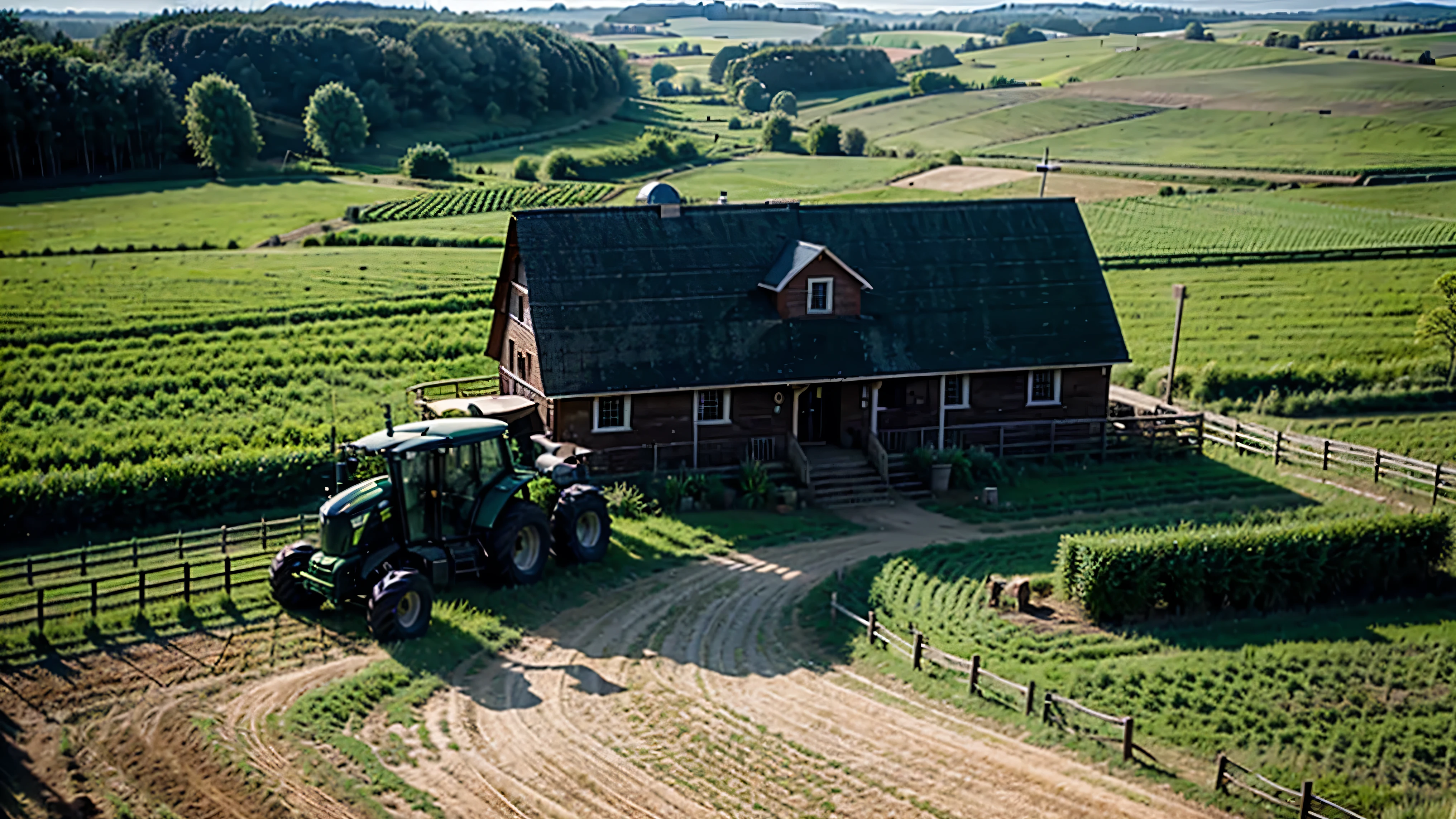 (ultra-high definition, hyper-realistic, highly detailed, high quality, sharp focus, professional lighting, vivid colors, intricate details), a beautiful rural farm background, detailed barn, tractor, windmill, plantations, corral, chicken coop, lush countryside vegetation, golden hour lighting, highly detailed, 8k, photorealistic, hyper detailed, award winning, masterpiece, cinematic composition