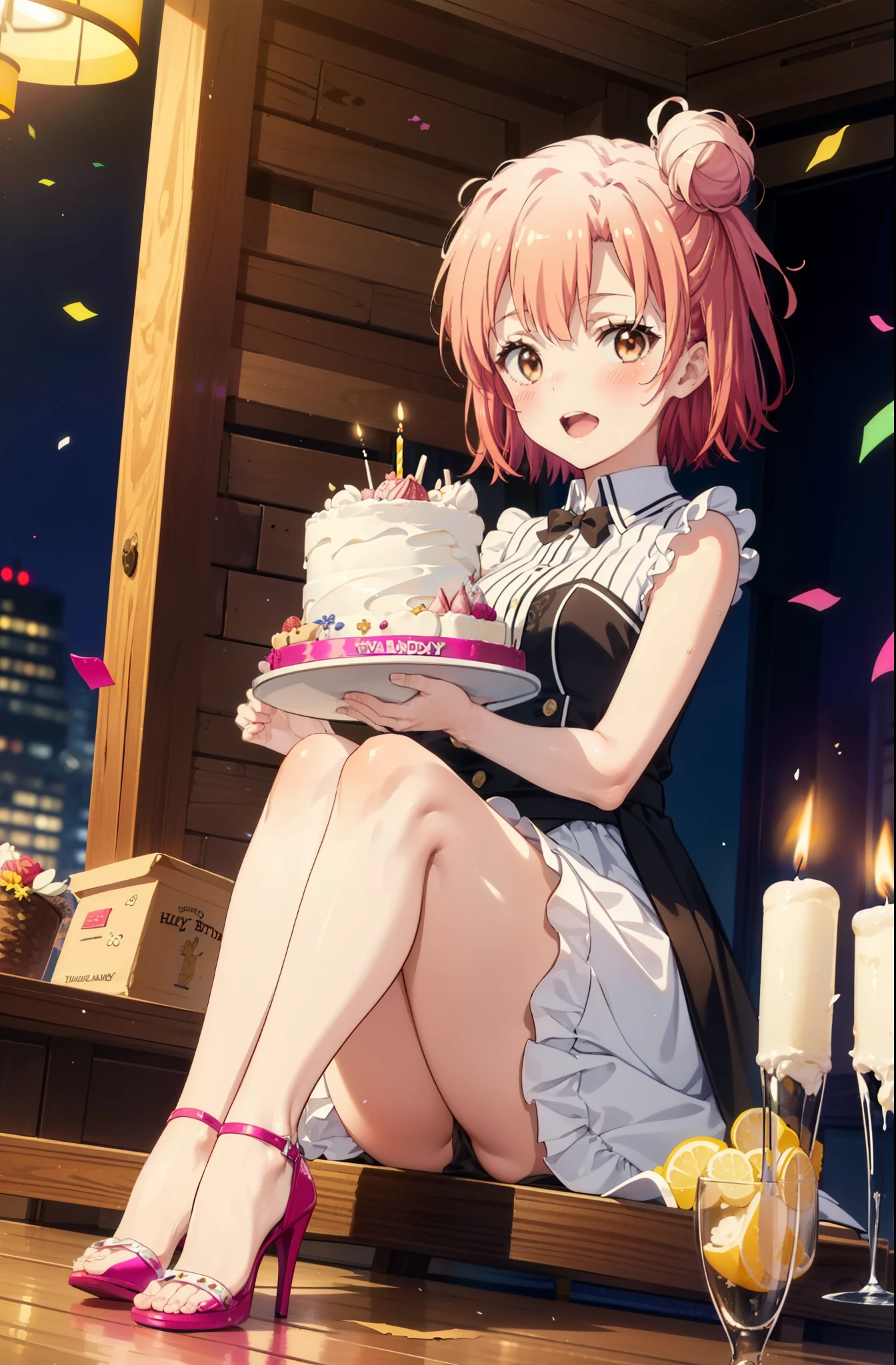yuiyuigahama, yui yuigahama, One Girl,short hair, (Brown eyes:1.5), (Pink Hair:1.2), Hair Bun, single Hair Bun, smile,blush,Open your mouth wide,Pink sleeveless dress,Long skirt,Stiletto heels,A birthday cake with lit candles,
,There is a round birthday cake on the desk.,Confetti,cracker,whole bodyがイラストに入るように,
break indoors, Venue,
break looking at viewer, whole body,
break (masterpiece:1.2), Highest quality, High resolution, unity 8k wallpaper, (figure:0.8), (Beautiful attention to detail:1.6), Highly detailed face, Perfect lighting, Highly detailed CG, (Perfect hands, Perfect Anatomy),