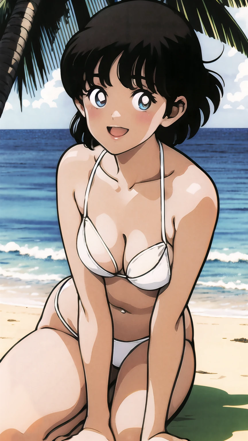 (((character:asakura minami:1.3))),((masterpiece)),((highest quality)),Super detailed,(thin entire outline),enlightenment,explicit,entp,1girl,solo,black hair,medium hair,black eyes,small nose,perfect body,beautiful body,beautiful character design,perfect eyes,perfect face,((happy smile)),small open mouth,(enjoy,having fun:1.2),perspiration,wallpaper,ultra high resolution,8k,photo shoot,(beautiful large breast:1.2),beautiful legs,perfect feet,beautiful skin,fair skin,smooth skin,official style,official art,make a screen cap,outdoor,(summer beach),sunshine,bright lighting,(white micro bikinis),split legs,peace sign,