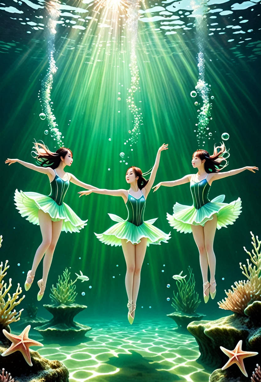 Beneath the surface of a serene sea, five figures embody the grace of a K-pop girl group, their forms suspended in the calm waters. The environment is alive with a gentle green glow, casting an ethereal light on the scene. Starfish float by, adding to the tranquility, while bubbles rise around them like silent applause. Their hair fans out in a weightless ballet, as they seem to perform an underwater choreography, each movement a silent note in an aquatic symphony.
