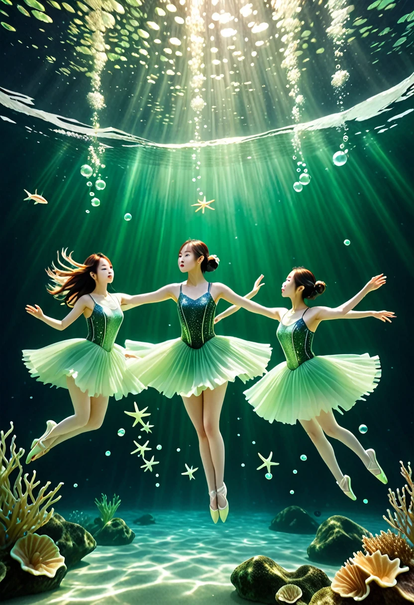Beneath the surface of a serene sea, five figures embody the grace of a K-pop girl group, their forms suspended in the calm waters. The environment is alive with a gentle green glow, casting an ethereal light on the scene. Starfish float by, adding to the tranquility, while bubbles rise around them like silent applause. Their hair fans out in a weightless ballet, as they seem to perform an underwater choreography, each movement a silent note in an aquatic symphony.
