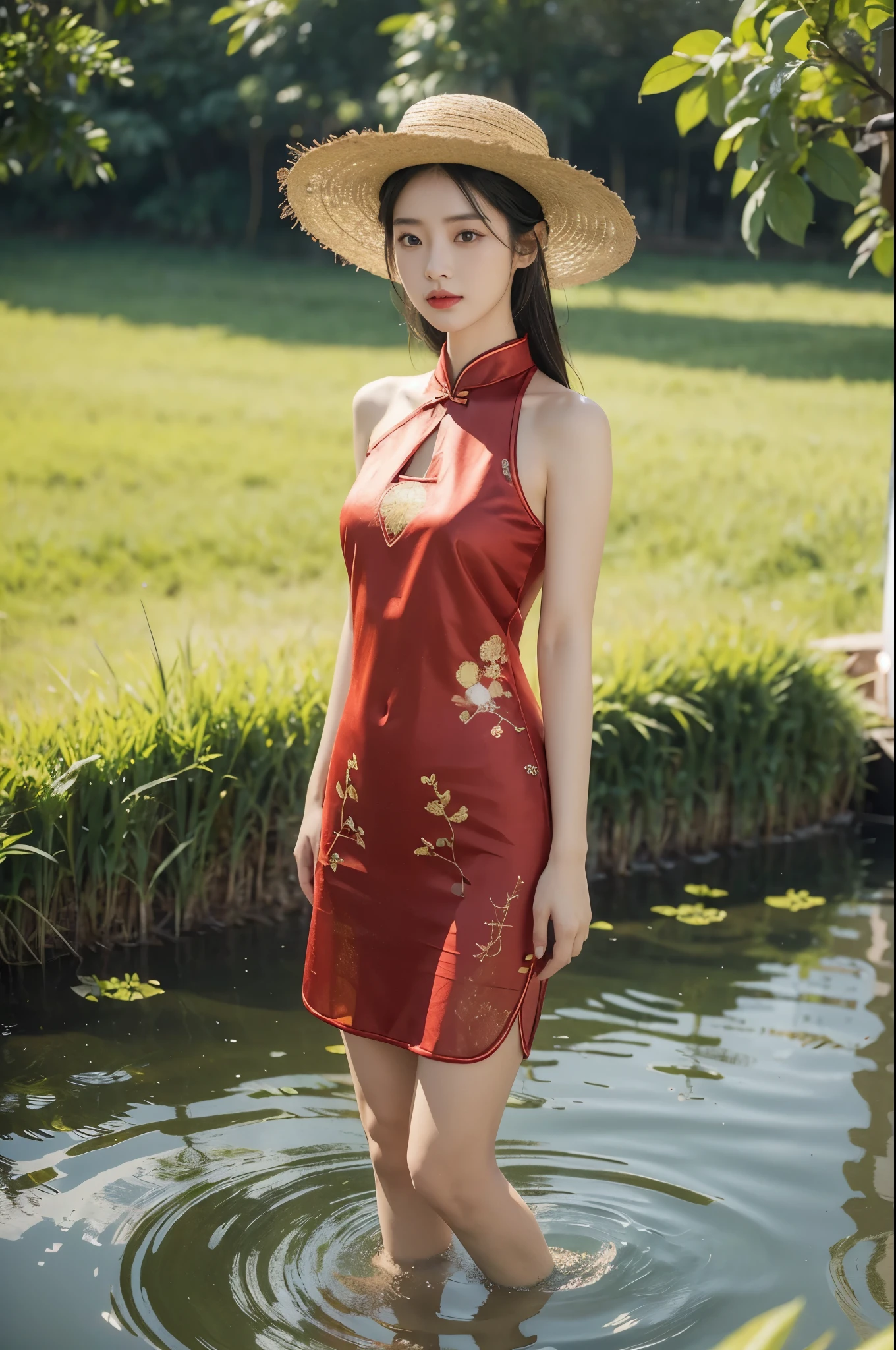 (((best quality))),(((ultra detailed))),(((masterpiece))),illustration,1 beautiful girl,slim,straw hat,shiny skin,black skin,sweat,wet,flat chest,short Embroidered red cheongsam,collar,bare arms,pantyhose,standing in the Paddy pool filled with Rice seedlings,full body,elegant, clear sky, sunlight, dreamy, contrast, natural,Chinese rural landscape,The body below the neck is in water