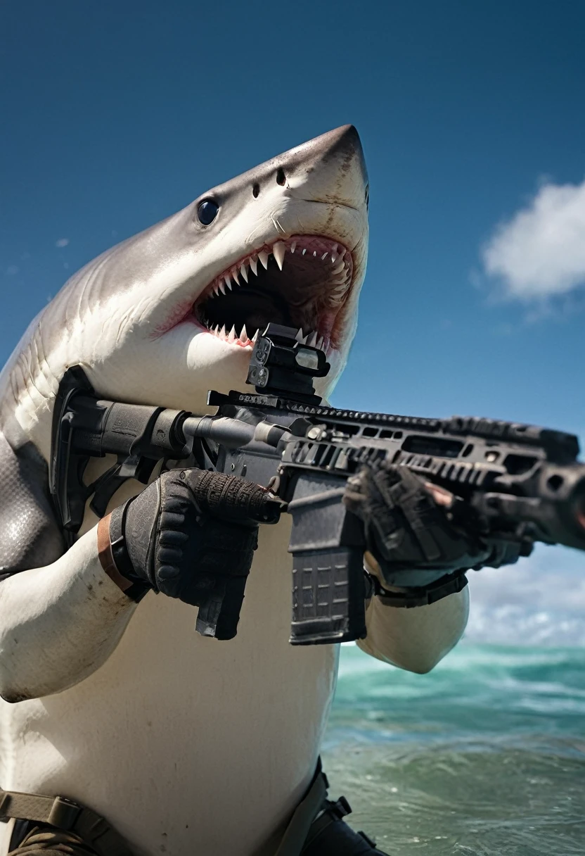 ((Ferocious shark holding a rifle)). Breathtaking shots,Movie action stills,Cinematic shots!,Shots from the film,war,