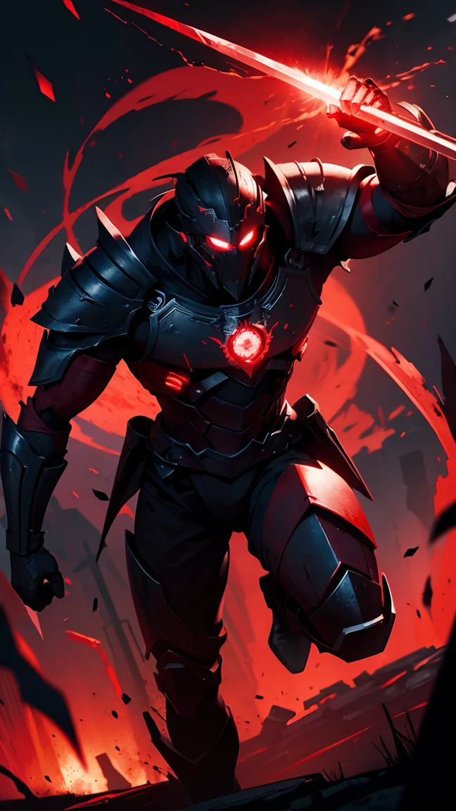 Iron blood sword, Red blood effect, red particles, ,HD lighting and dark )<=(epic image quality)dark atmosphere with bright particle light(many effects in background)
