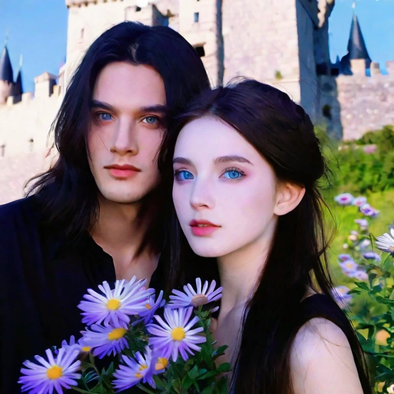 couple, blue castle, black hair girl, black eyes girl, and white skin man, with dark brown hair, with blue eyes, aster purple flower