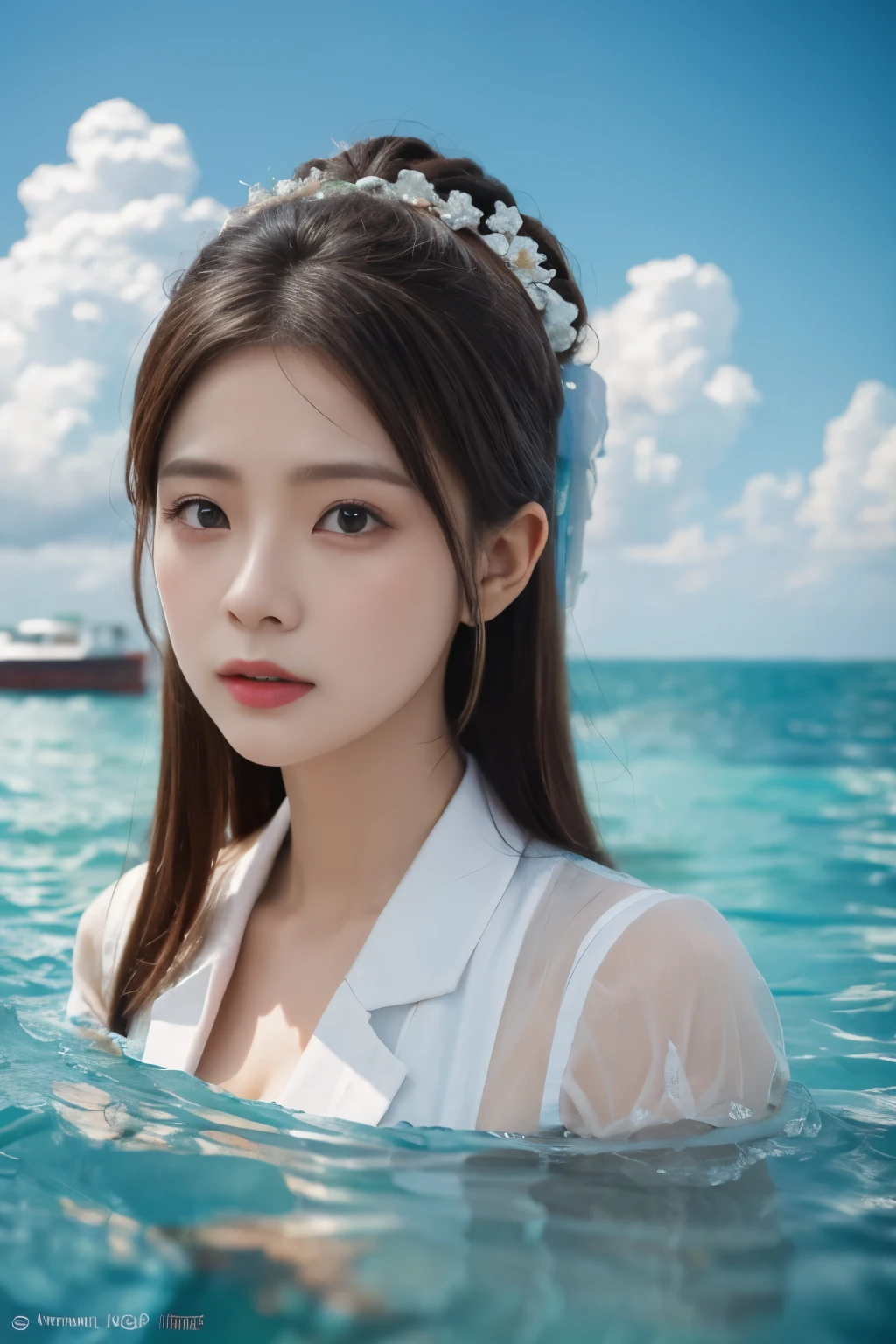 1 Girl,Blue sky and white clouds,water,close-up